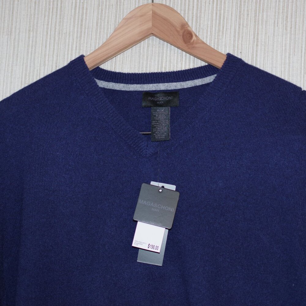 Magaschoni Navy Blue 100% Cashmere V Neck Long Sleeve Sweater Mens Size M, L